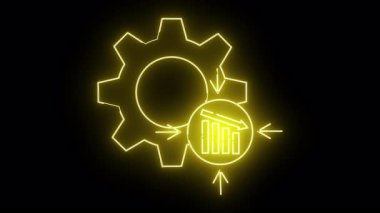 Siyah arkaplan üzerinde bir çember içinde aşağı doğru trend çubuk grafiği olan sarı neon tarzı çark simgesi