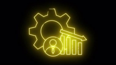 Sarı neon çizgisi bir çark, bir çubuk grafiği ve siyah arkaplan üzerinde aşağı bakan bir ok tasvir eder.