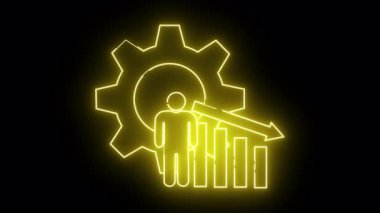 Sarı neon ikon dişli kişi simgenin üzerine çubuk grafiği iniyor