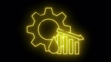 Neon sarı dişli yağ damlası alçalan çubuk grafiği koyu arkaplan üzerinde teknikli bir simge oluşturur