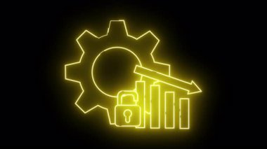 Neon dişli asma kilit grafik çubukları ok ana hatları siyah arkaplan karşı