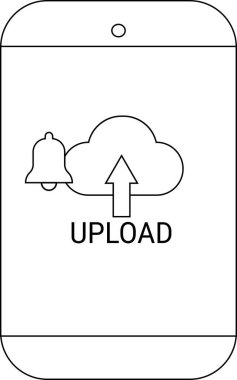 Bir uyarı çanı eşliğinde bir buluta işaret eden bir okun UPLOAD sembolünü gösteren mobil ekran