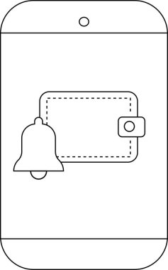 Basit siyah çizgilerle özetlenmiş bir uyarı çanı ile cüzdan gösteren bir telefon simgesi