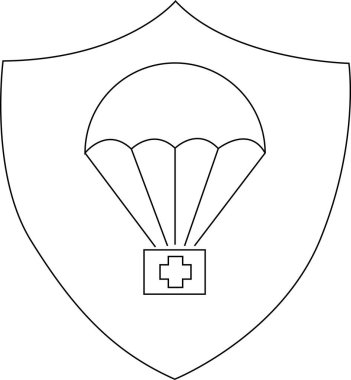 Kalkan amblemi içinde artı işareti olan bir kutu taşıyan bir paraşütü gösteriyor.