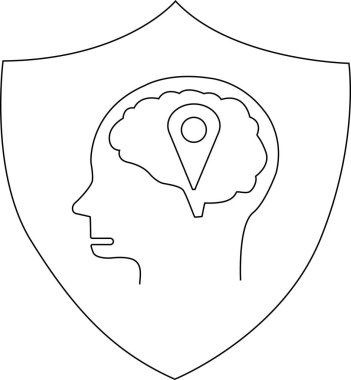 İçinde beyin ve lokasyon iğnesi olan silueti siyah çizgilerle kaplı bir kalkan.