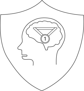 Kalkan ana hatları, içinde 1 numaralı madalyayla beyin taşıyan bir yan profil içeriyor.