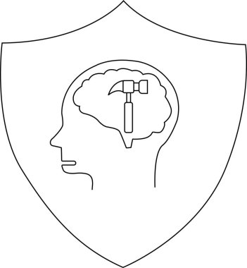 İçinde çekiç olan bir beyin olan insan kafasının profili olan bir kalkan.