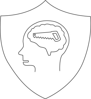 Kalkan, içinde testere olan bir kafa profili gösterir.