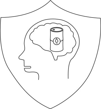 Baş silueti beyin hatları ve yağ varili bir kalkan hatının içinde görünür.