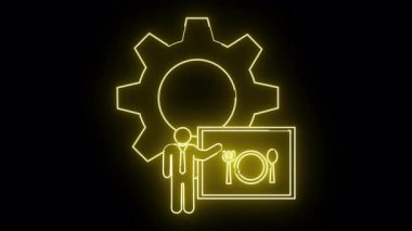 Neon sarı simge, arka planda dişli tekerleği olan gıda hizmetleri operasyonlarını sunan bir iş adamını betimliyor