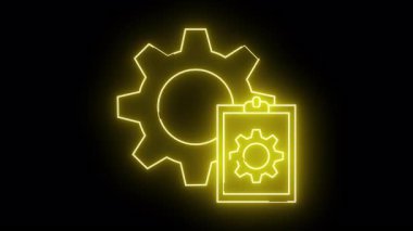 Aydınlatılmış vites panosu simgesi teçhizatı bir belgenin arkasında, hepsi siyah karşısında neon sarısı ile özetlenmiş bir dişli sembolü ile