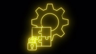 Vites bulmacası parçalarının neon sarı çizgileri ve siyah bir arkaplanda asma kilit parıltısı.