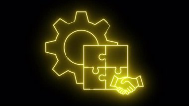 Neon sarısı bir vites, dörtlü bir yapboz ve siyah bir fona karşı bir el sıkışma çiziyor.