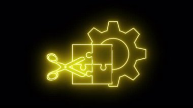 Neon çizgileri makas yapboz parçaları ve siyah arkaplan üzerinde bir dişli