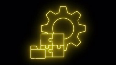 Siyah arkaplanda neon dişli dizini ve yapboz simgesi