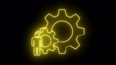 Birbirine kenetlenen dişli ya da çarklarla etkileşime giren bir kişinin neon sarısı çizgisi siyah bir arkaplan üzerine kurulmuş