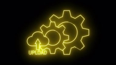 Yukarı doğru ok metniyle bir neonlit bulut UPLOAD ve iki vites siyah arkaplan karşı