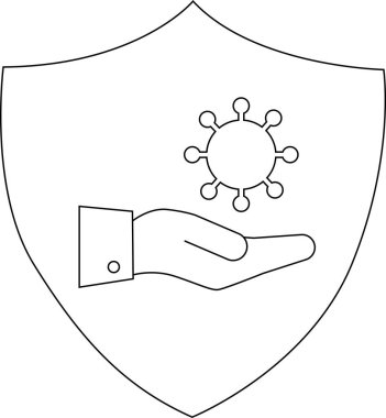 Kara hatlı kalkan ve içinde virüs olan bir grafiği destekleyen bir el