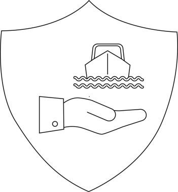 Bir kalkanın içinde bir el var. Dalgalı suda yüzen bir tekneyi temsil ediyor. Çizgi sanatı olarak tasvir ediliyor.