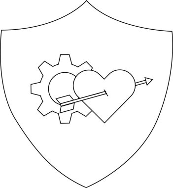 Çizgi sanat kalkanı delinmiş bir kalp ve aşk teknolojisini ve korunmayı sembolize eden bir vites içeriyor.