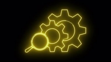 Bir büyüteçin sarı ana hatları. Siyah bir arkaplanda birbirine bağlı iki vites.