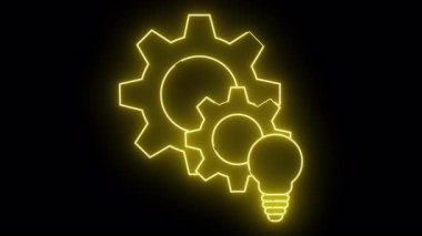 İki dişlinin sarı neon çizgisi ve siyah arkaplana karşı bir ampul