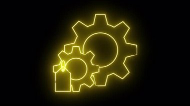 İki iç içe geçmiş dişli taslak ve bir fiyat etiketi siyah arkaplanda parlayan sarı çizgilerle tasvir edilir