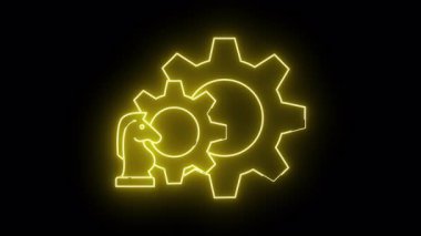 Siyah zemin üzerinde iki vites şekilli parlak sarı ışıkla aydınlatılmış yeni taslak satranç şövalyesi.