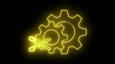 Siyah arkaplana karşı neon sarı dişliler ve makas