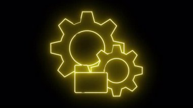 Neon sarı dişliler ve dizin ana hatları mekanik ve organizasyonel kavramları vurgulayan siyah bir arkaplan üzerinde parlıyor