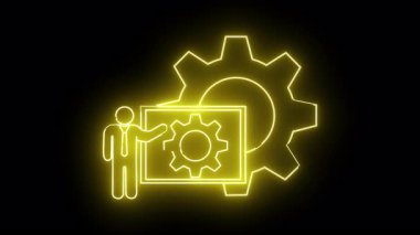Neon illüstrasyon, büyük bir dişlinin önünde çark sunan birini gösteriyor