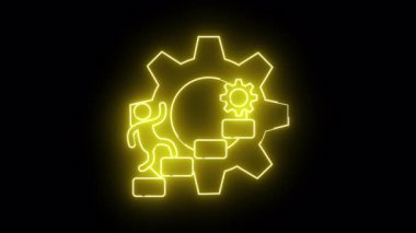 Parlak sarı neon sanat, siyah arka planda daha büyük bir vites içinde merdivenlerden dişlilere tırmanan birini resmediyor.