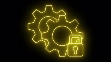 Birbirine kenetlenmiş viteslerin parlayan sarı neon çizgisi ve siyah bir arka plana karşı asma kilit.