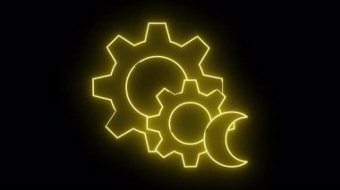 Üç boyutlu sarı neon dişli çarklar, siyah arkaplanda ay şeklinde bir nesne.