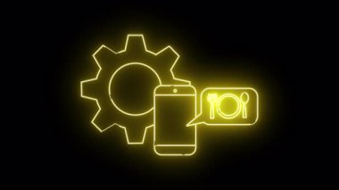 Sarı neon çizgiler siyah arkaplanda kesici levhalı bir dişli telefon konuşma baloncuğu tasvir ediyor