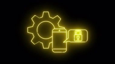 Dişli telefon konuşma baloncuğunun sarı neon çizgisi ve siyah arkaplan üzerine kilitlenme