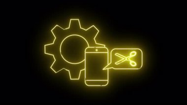 Dişli telefon ve makas hatları bir konuşma baloncuğu içinde hepsi siyah bir arkaplanda parlıyor.