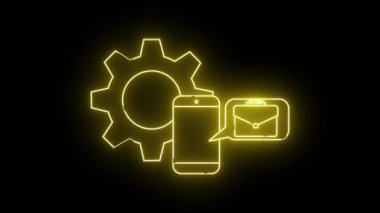 Neon sarı dişli telefon ve siyah arka planda parlayan evrak çantası simgeleri