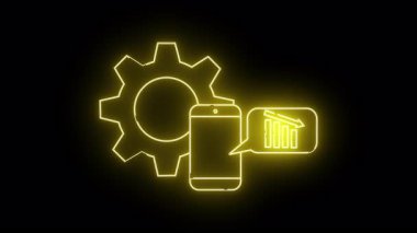 Neon ana hat dişli telefon ve bir konuşma balonunda düşme grafiği hepsi siyah arkaplan karşı