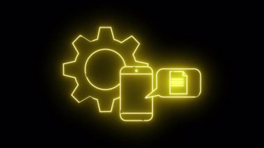 Siyah bir arkaplan üzerinde bir dişli telefon belge simgesi içeren parlak sarı neon illüstrasyon