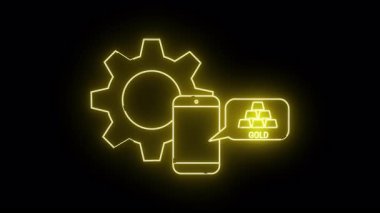 Dişli bir telefon çubuğunun parıldayan neon illüstrasyonu. Siyah karşısında altın sohbet balonu.