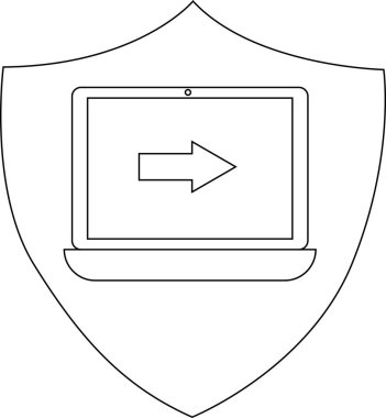 Outline of a laptop inside a shield emblem with an arrow pointing right rendered in black and white