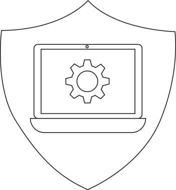 Outline of a laptop with a gear inside a shield shape