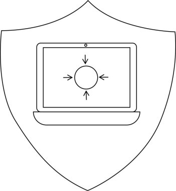 Laptop with four inward arrows inside a shield
