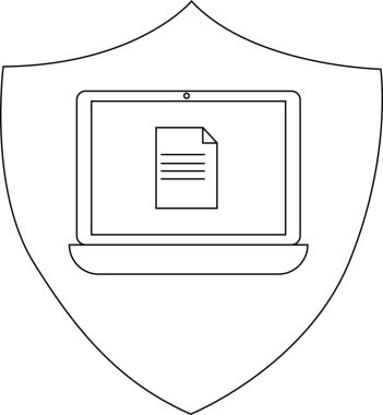 Blackandwhite illustration of a shield containing a laptop displaying a file