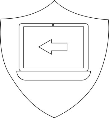 Blackandwhite emblem with a shield containing a laptop with a leftpointing arrow inside