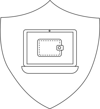 Black and white digital shield with a laptop displaying a wallet