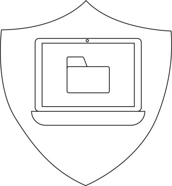 A shieldshaped emblem outlines a laptop displaying a file folder