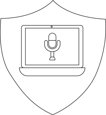 A shield presents a laptop with a microphone on screen