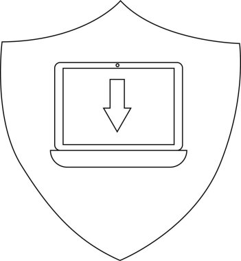 A shield outline containing a laptop illustration with an arrow pointing downwards